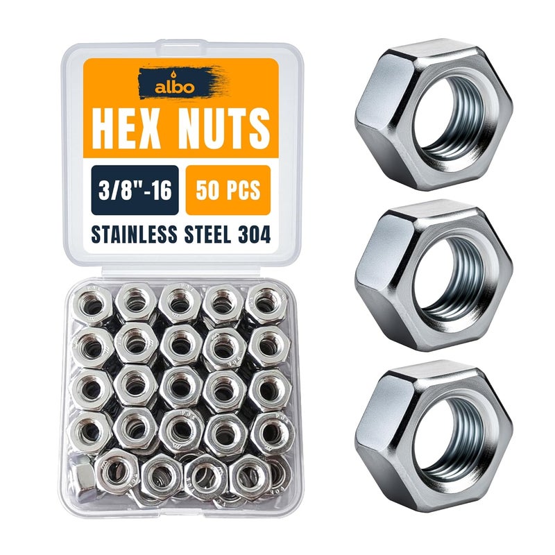 ALBO 50 PCS 3/8-16 Hex Nuts – Stainless Steel 304 SAE Nuts Set in Reusable Box – Hardware for Automotive & DIY – 3/8 Nuts, SAE Nut Assortment - Image 1